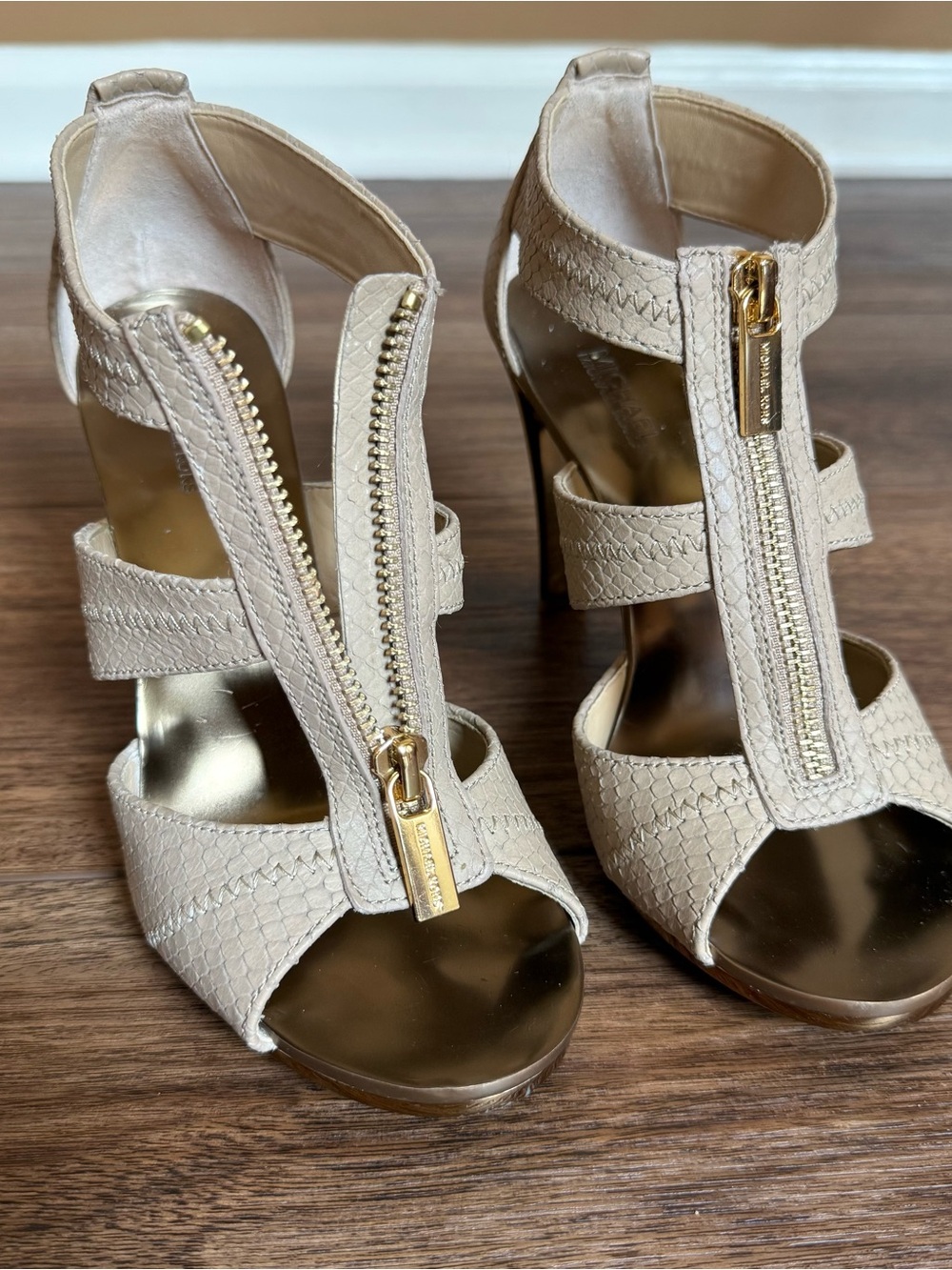 Michael Kors Berkley Strappy Snakeskin T-Strap High Heel Sandals - Picture 4 of 13